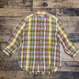 Sugar Cane Light Plaid Flannel Shirt Button Up 3/4 Sleeve Casual Small